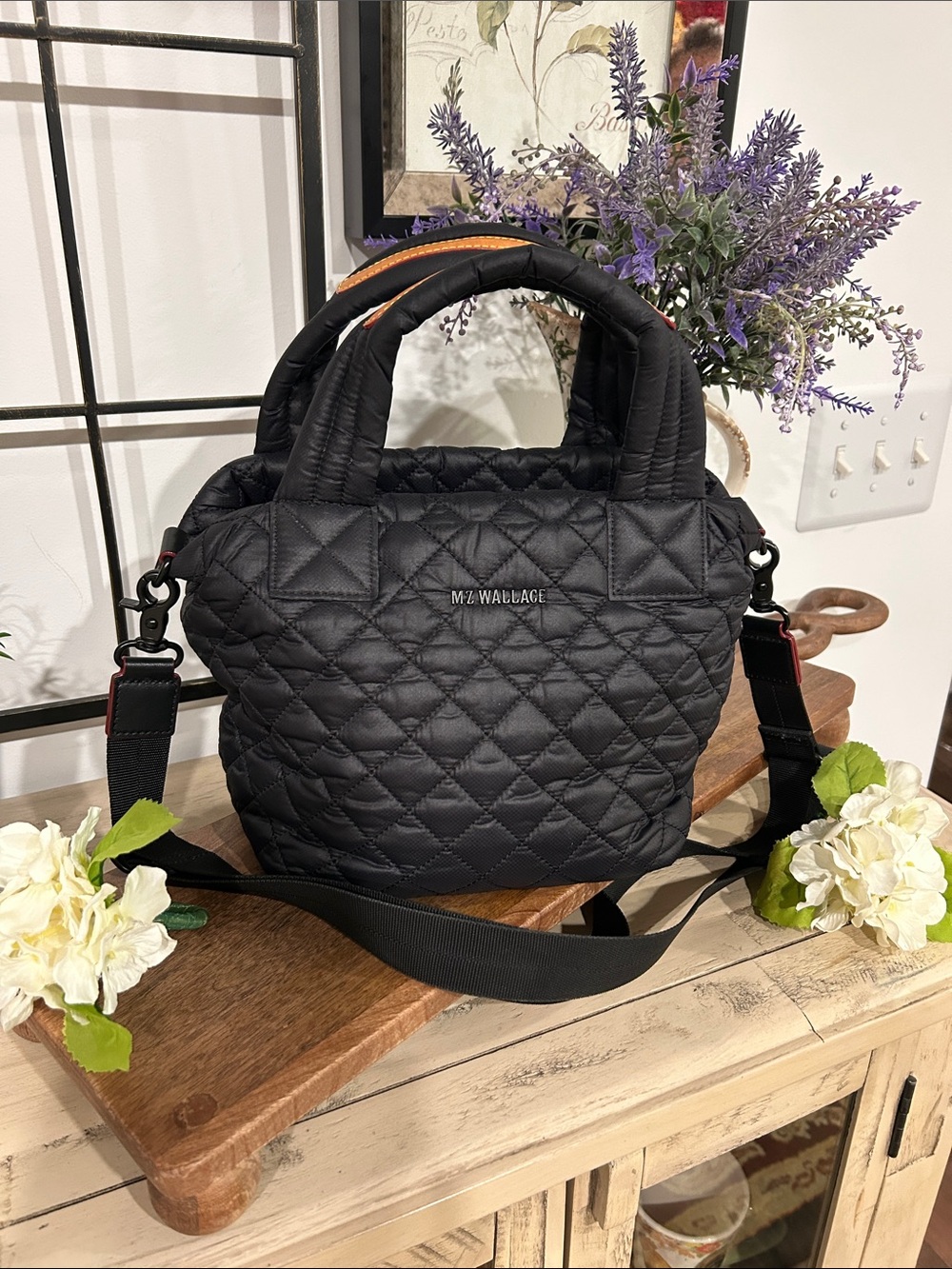 MZ Wallace Black Quilted Small Crossbody Tote with Orange Trim
